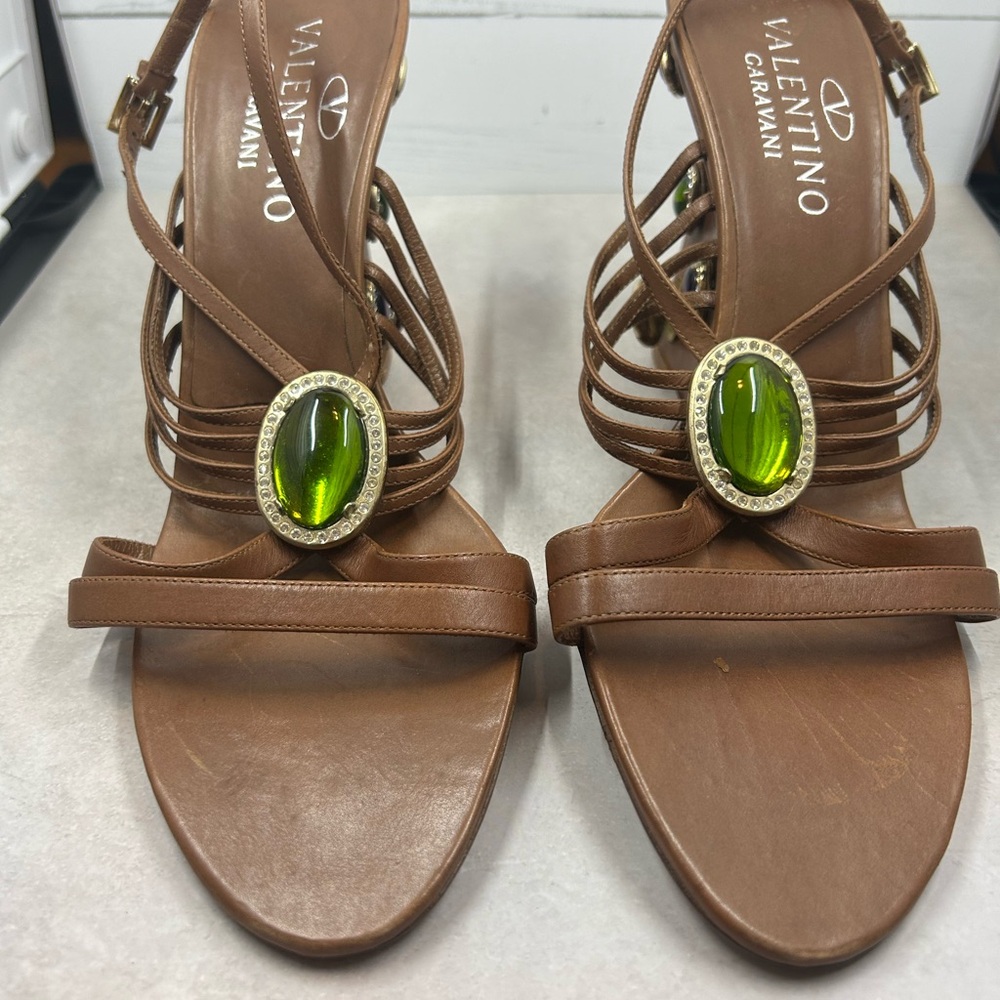 Valentino Garavani Brown Sandals with Green Jewel